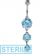 STERILE SURGICAL STEEL TRIPLE ROUND CZ DOUBLE JEWELLED DANGLE NAVEL BANANA PIERCING
