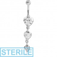 STERILE SURGICAL STEEL TRIPLE HEART CZ DOUBLE JEWELLED DANGLE NAVEL BANANA PIERCING