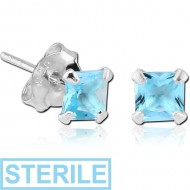 STERILE STERLING SILVER 925 JEWELLED PRONG SET SQUARE EAR STUDS PAIR