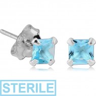 STERILE STERLING SILVER 925 JEWELLED PRONG SET SQUARE EAR STUDS PAIR
