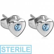 STERILE STERLING SILVER 925 HEART EAR STUDS WITH JEWEL PAIR