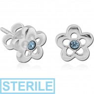 STERILE STERLING SILVER 925 FLOWER EAR STUDS WITH JEWEL PAIR