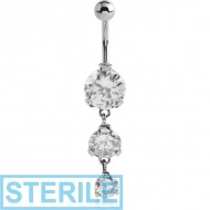 STERILE SURGICAL STEEL TRIPLE ROUND CZ JEWELLED WITH DANGLING NAVEL BANANA PIERCING