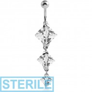 STERILE SURGICAL STEEL TRIPLE SQUARE CZ JEWELLED WITH DANGLING NAVEL BANANA PIERCING