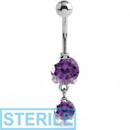 STERILE SURGICAL STEEL DOUBLE ROUND CZ JEWELLED WITH DANGLING NAVEL BANANA PIERCING