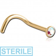 STERILE GOLD PVD 18K COATED SURGICAL STEEL SWAROVSKI CRYSTAL JEWELLED CURVED NOSE STUD PIERCING