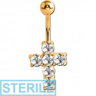 STERILE GOLD PVD COATED BRASS JEWELLED CROSS NAVEL BANANA PIERCING