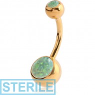 STERILE GOLD PVD COATED SURGICAL STEEL DOUBLE JEWELLED NAVEL BANANA WITH SYNTHETIC OPAL PIERCING