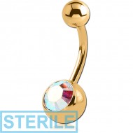 STERILE GOLD PVD COATED SURGICAL STEEL SWAROVSKI CRYSTAL JEWELLED NAVEL BANANA PIERCING