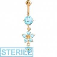 STERILE GOLD PVD COATED BRASS JEWELLED FLOWER NAVEL BANANA WITH DANGLE CHARMS PIERCING