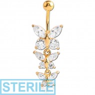 STERILE GOLD PVD COATED BRASS JEWELLED BUTTERFLY NAVEL BANANA WITH DANGLING CHARM - BUTTERFLY PIERCING