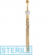 STERILE GOLD PVD COATED BRASS SWAROVSKI CRYSTALS JEWELLED NAVEL BANANA WITH DANGLING CHAINS PIERCING
