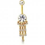 STERILE GOLD PVD COATED SURGICAL STEEL INTERNALLY THREADED DOUBLE JEWELLED NAVEL BANANA PIERCING
