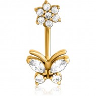 STERILE GOLD PVD COATED SURGICAL STEEL INTERNALLY THREADED DOUBLE JEWELLED NAVEL BANANA