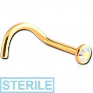 STERILE GOLD PVD COATED SURGICAL STEEL OPTIMA CRYSTAL JEWELLED CURVED NOSE STUD PIERCING