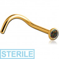 STERILE GOLD PVD COATED SURGICAL STEEL JEWELLED CURVED NOSE STUD WITH SYNTHETIC OPAL PIERCING