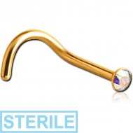 STERILE GOLD PVD COATED SURGICAL STEEL JEWELLED CURVED NOSE STUD WITH GLUED STONE PIERCING