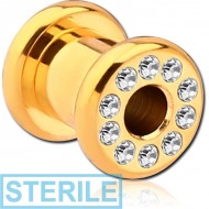 STERILE GOLD PVD COATED STAINLESS STEEL JEWELLED ROUND TUNNEL (12 STONES PP9) EMPTY PART PIERCING