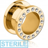 STERILE GOLD PVD COATED STAINLESS STEEL JEWELLED FLESH TUNNEL (12 STONES PP13) EMPTY PART PIERCING