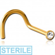 STERILE GOLD PVD COATED SURGICAL STEEL SWAROVSKI CRYSTAL JEWELLED LARGE LEFT CURVE NOSE STUD PIERCING