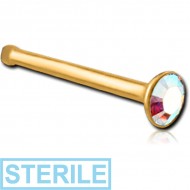 STERILE GOLD PVD COATED SURGICAL STEEL SWAROVSKI CRYSTAL JEWELLED NOSE BONE WITH STONE BONDING PIERCING