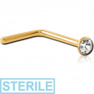 STERILE STERLING SILVER 925 GOLD PVD COATED JEWELLED 90 DEGREE NOSE STUD PIERCING