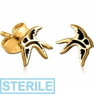 STERILE GOLD PVD COATED SURGICAL STEEL EAR STUDS PAIR - BIRD