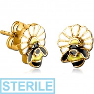 STERILE GOLD PVD COATED SURGICAL STEEL EAR STUDS PAIR - BEE ON FLOWER