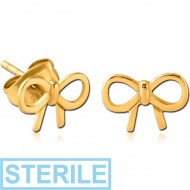 STERILE GOLD PVD COATED SURGICAL STEEL EAR STUDS PAIR - BOW