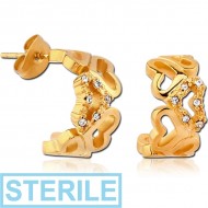 STERILE GOLD PVD COATED SURGICAL STEEL JEWELLED EAR STUDS PAIR - U SHAPE HEARTS