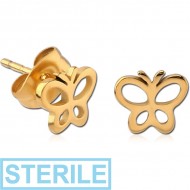 STERILE GOLD PVD COATED SURGICAL STEEL EAR STUDS PAIR - BUTTERFLY