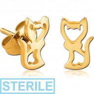 STERILE GOLD PVD COATED SURGICAL STEEL EAR STUDS PAIR - KITTY