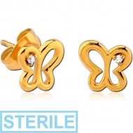 STERILE GOLD PVD COATED SURGICAL STEEL JEWELLED EAR STUDS PAIR - BUTTERFLY