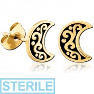 STERILE GOLD PVD COATED SURGICAL STEEL EAR STUDS PAIR - MOON