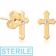 STERILE GOLD PVD COATED SURGICAL STEEL JEWELLED EAR STUDS - CROSS