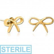STERILE GOLD PVD COATED SURGICAL STEEL EAR STUDS PAIR - BOW