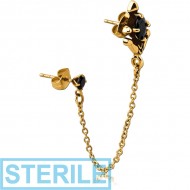 STERILE GOLD PVD COATED SURGICAL STEEL JEWELLED EAR STUDS WITH CONNECTING CHAIN - ANCHOR CROSS