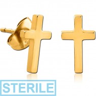 STERILE GOLD PVD COATED SURGICAL STEEL EAR STUDS PAIR - CROSS