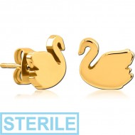 STERILE GOLD PVD COATED SURGICAL STEEL EAR STUDS PAIR - SWAN