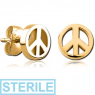 STERILE GOLD PVD COATED SURGICAL STEEL EAR STUDS - PEACE SIGN