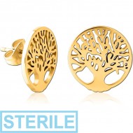 STERILE GOLD PVD COATED SURGICAL STEEL EAR STUDS - TREE