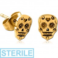 STERILE GOLD PVD COATED SURGICAL STEEL EAR STUDS PAIR - FANCY SKULL
