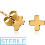 STERILE GOLD PVD COATED SURGICAL STEEL EAR STUDS PAIR - CROSS