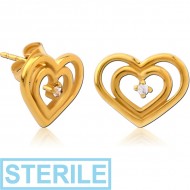 STERILE GOLD PVD COATED SURGICAL STEEL JEWELLED EAR STUDS PAIR - HEART