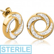 STERILE GOLD PVD COATED SURGICAL STEEL CRYSTALINE JEWELLED EAR STUDS PAIR - SPIRAL
