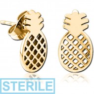 STERILE GOLD PVD COATED SURGICAL STEEL EAR STUDS PAIR - PINEAPPLE