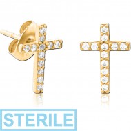 STERILE GOLD PVD COATED SURGICAL STEEL JEWELLED EAR STUDS PAIR - CROSS