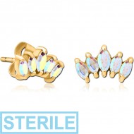 STERILE GOLD PVD COATED SURGICAL STEEL JEWELLED EAR STUDS PAIR - FIVE GEMS