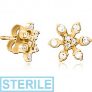 STERILE GOLD PVD COATED SURGICAL STEEL JEWELLED EAR STUDS PAIR - SNOWFLAKE
