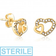 STERILE GOLD PVD COATED SURGICAL STEEL JEWELLED EAR STUDS PAIR